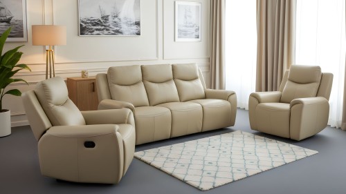 Stylowy komplet mebli wypoczynkowych, sofa i fotele z funkcją relaks, zaprojektowane z myślą o maksymalnej wygodzie.