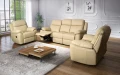 Zestaw mebli wypoczynkowych w jasnej skórze, kolor wanilia (L-638). Model Alabama Bis - sofa i fotele relaksacyjne.