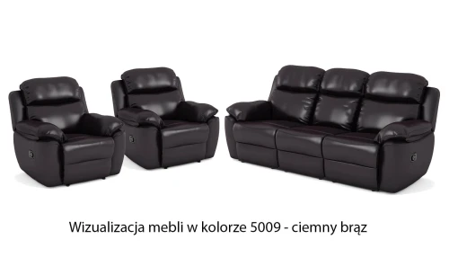 Zestaw mebli wypoczynkowych Alabama Bis, skórzanych, z funkcją relax, w kolorze ciemny brąz na tle eleganckiego salonu.