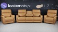 Skórzany komplet wypoczynkowy z funkcjami relax. Sofa 3 osobowa relaks oraz dwa fotele relaksacyjne. Kolor jasny brąz 3040.