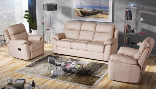 Meble skórzane wypoczynkowe relaks Alabama Bis 3+1+1 z funkcją spania w kolorze beż na tle eleganckiego salonu