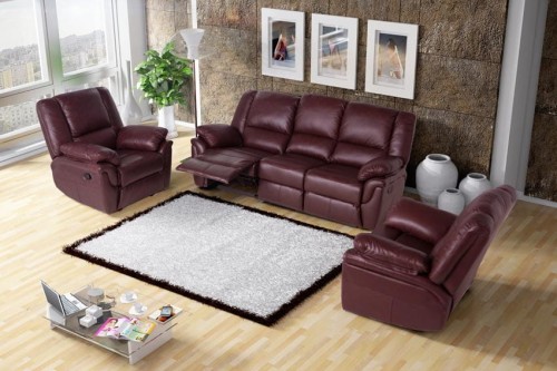 Komplet mebli skórzanych Alabama 3+1+1 z funkcją relaks w kolorze burgund na tle eleganckiego salonu