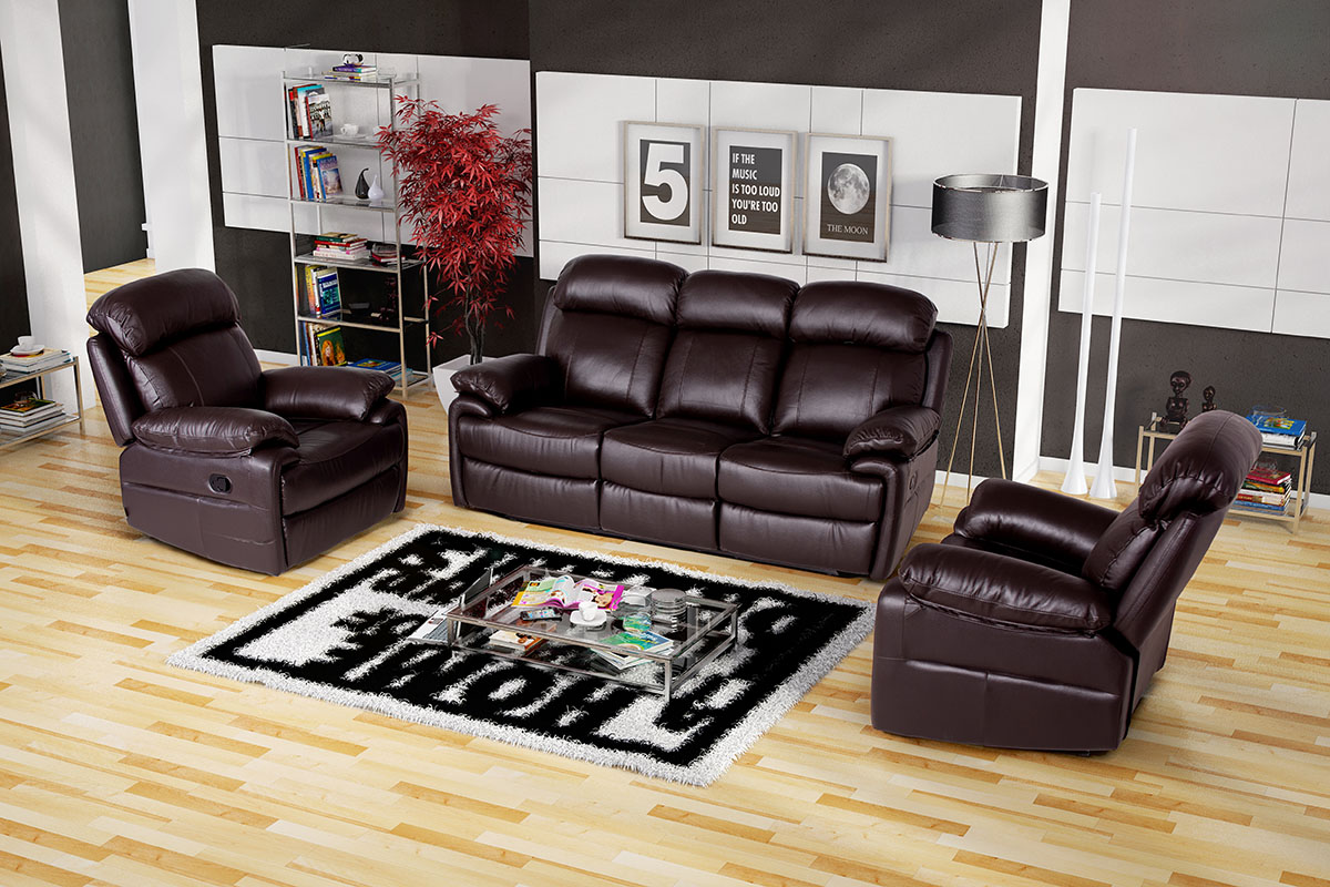 Skórzany zestaw wypoczynkowy Orlando, sofa i dwa fotele z funkcjami relax