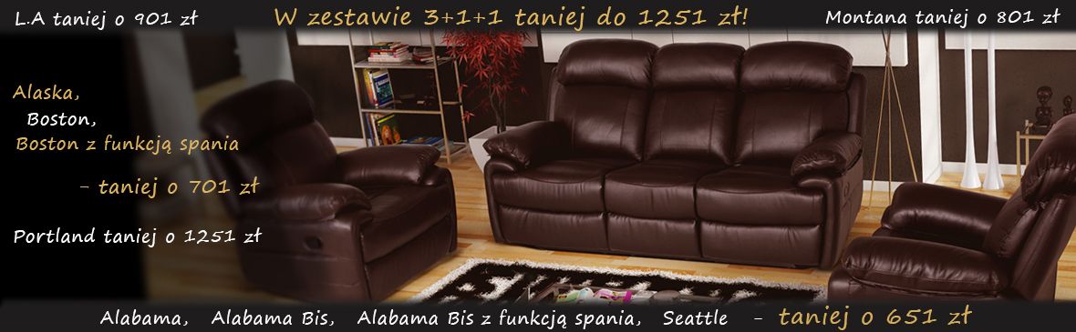 Meble wypoczynkowe 3+1+1 ze skóry w komplecie taniej